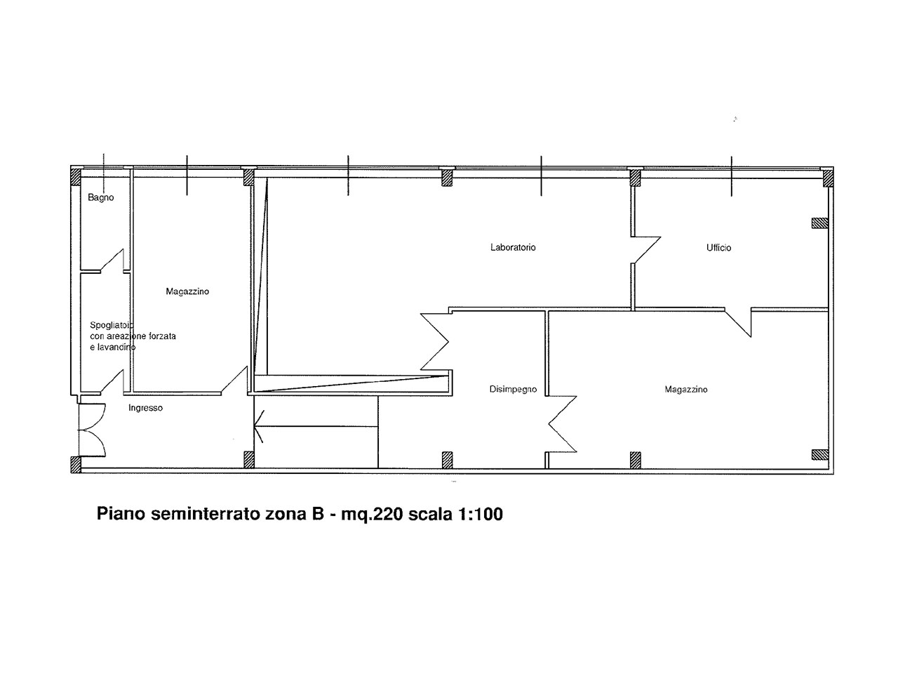 planimetria magazzino + laboratorio + ufficio 220 mq in affitto a Milano via Fantoli zona Mecenate